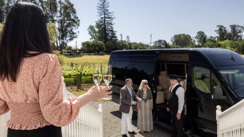 Group of friends toasting with glasses of wine at a vineyard in Napa Valley